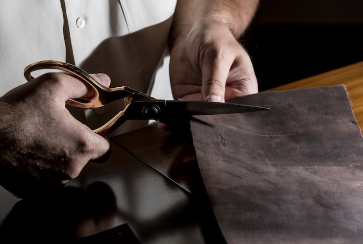 Tailors use eco-leather fabric as a substitute for animal leather for producing sustainable clothes